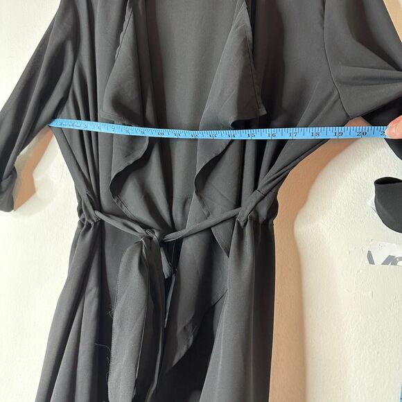 ReVamped Black Flowy Roll Tab Sleeve Tie Waist Waterfall Neck Wrap Dress Small - Picture 13 of 14